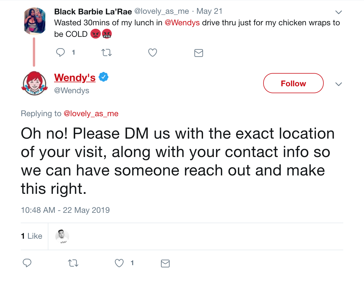 Twitter screenshot of Wendys responding to a customer complaint