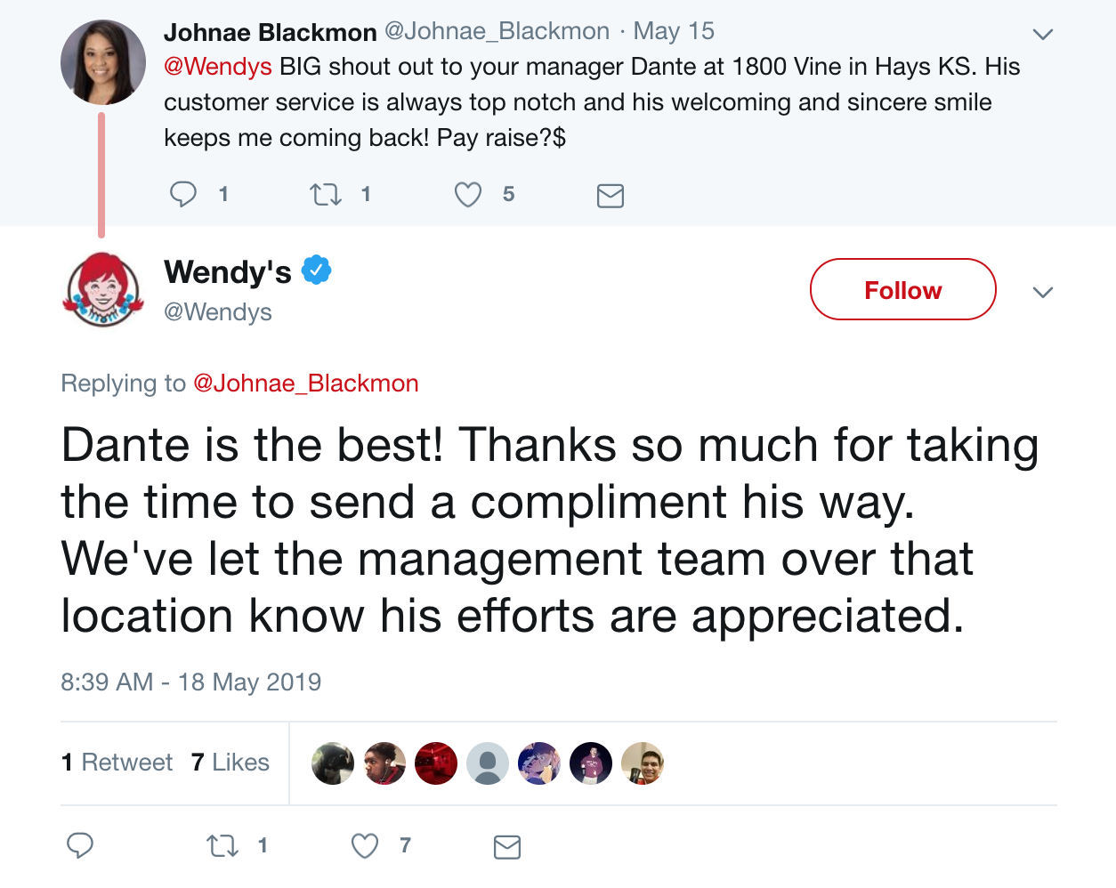 Screenshot of Wendys taking a compliment on Twitter